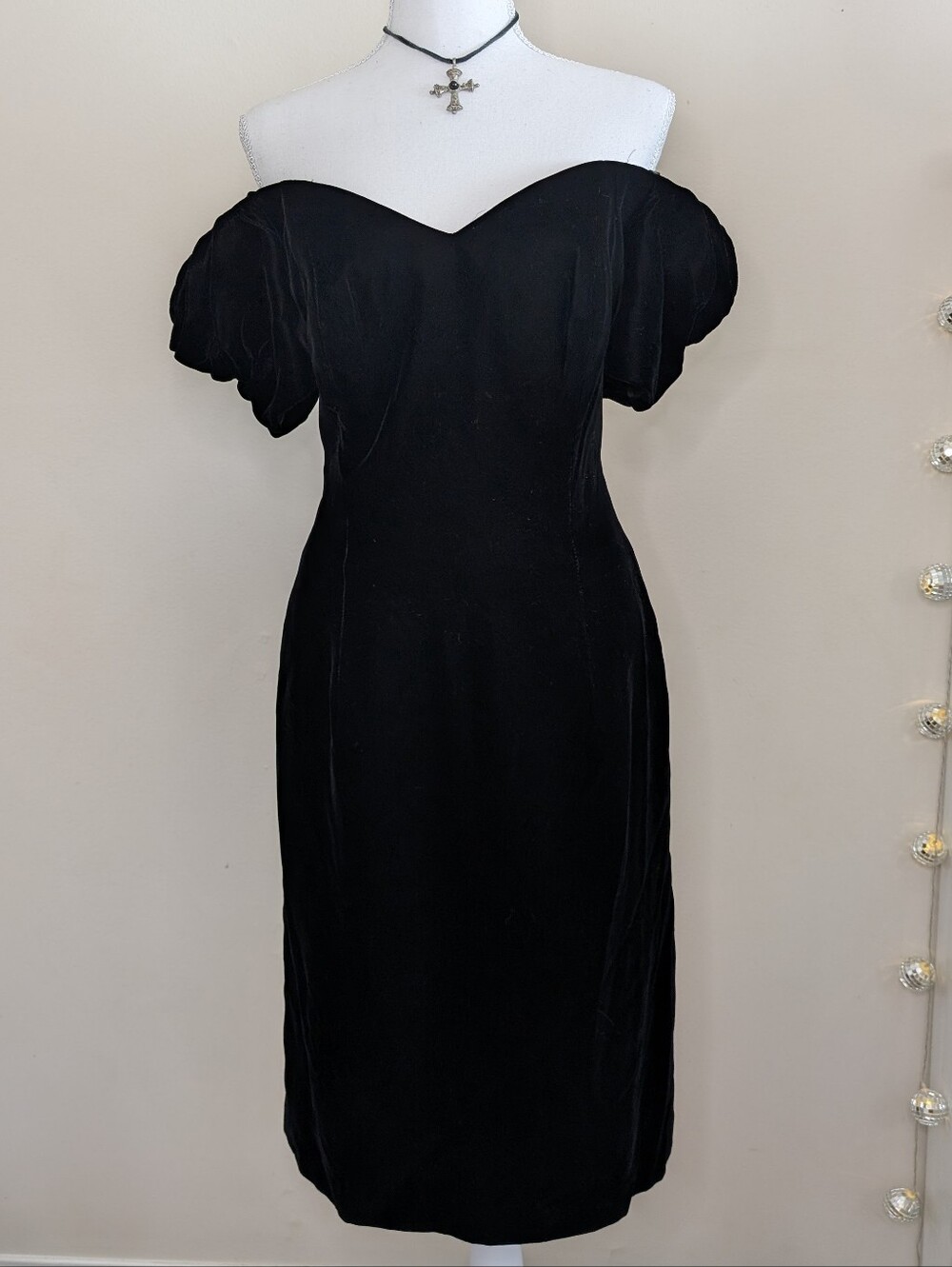 VTG 80s Black Velvet Off-Shoulder Puff Sleeve Dress